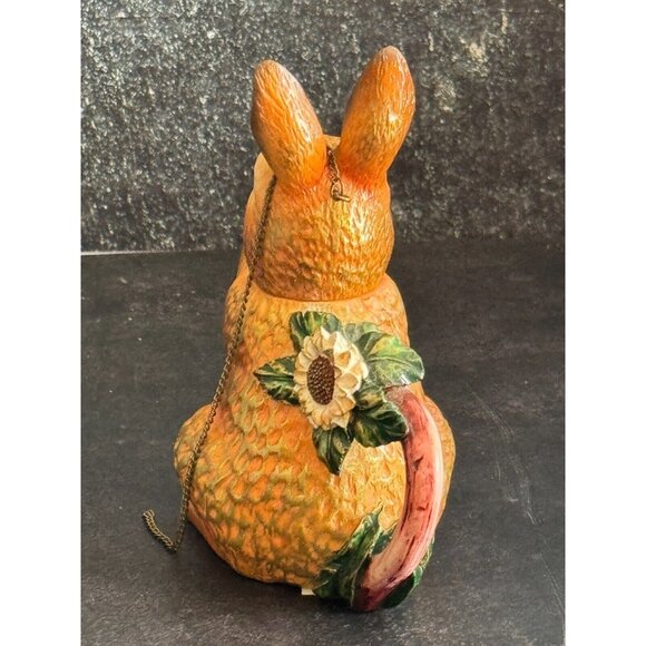 Mini Ceramic Rabbit Teapot With Sunflower Accent & Chain Lid 5" Tall Easter Spri - Picture 4 of 8
